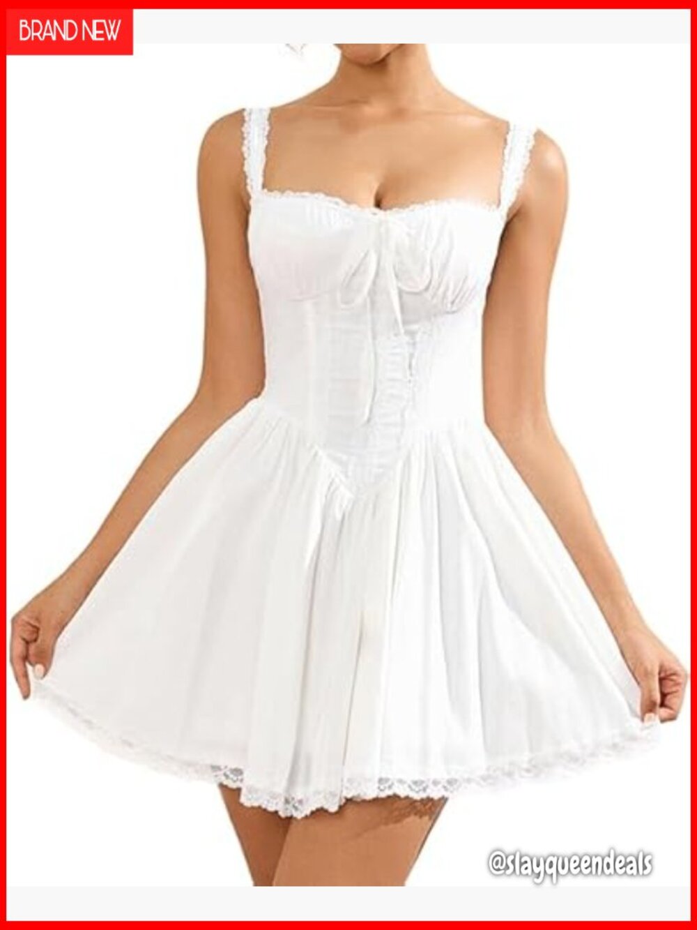 Square Neck Tie Front Lace Spliced Ruched Backless Mini Dress Party